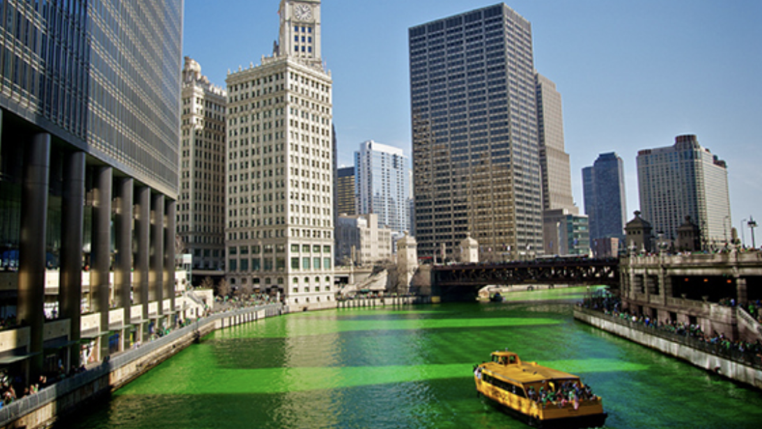 The Chicago River is dyed green each year for St. Patrick's Day